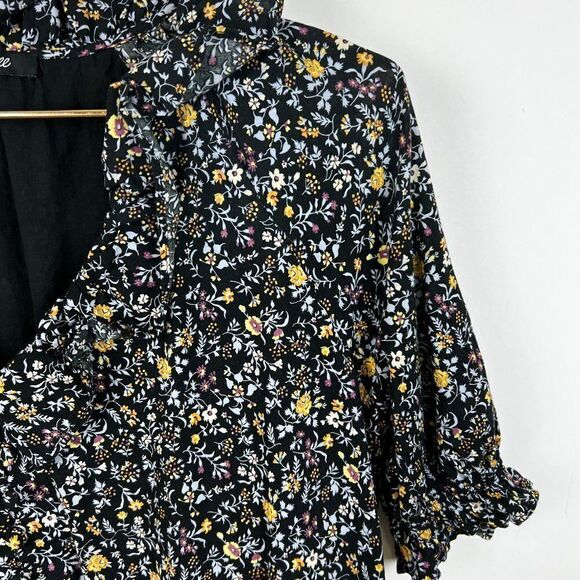 Madewell Ruffle Button Front Trapeze Folkmagic Black Floral Print Dress NA260 - Picture 7 of 13